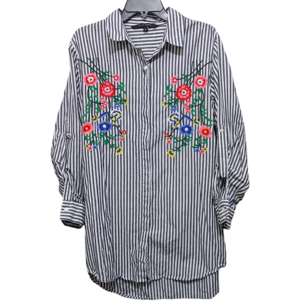 Walter Baker Gray Striped Embroidered Floral Button Down Shirt Women's Size XL